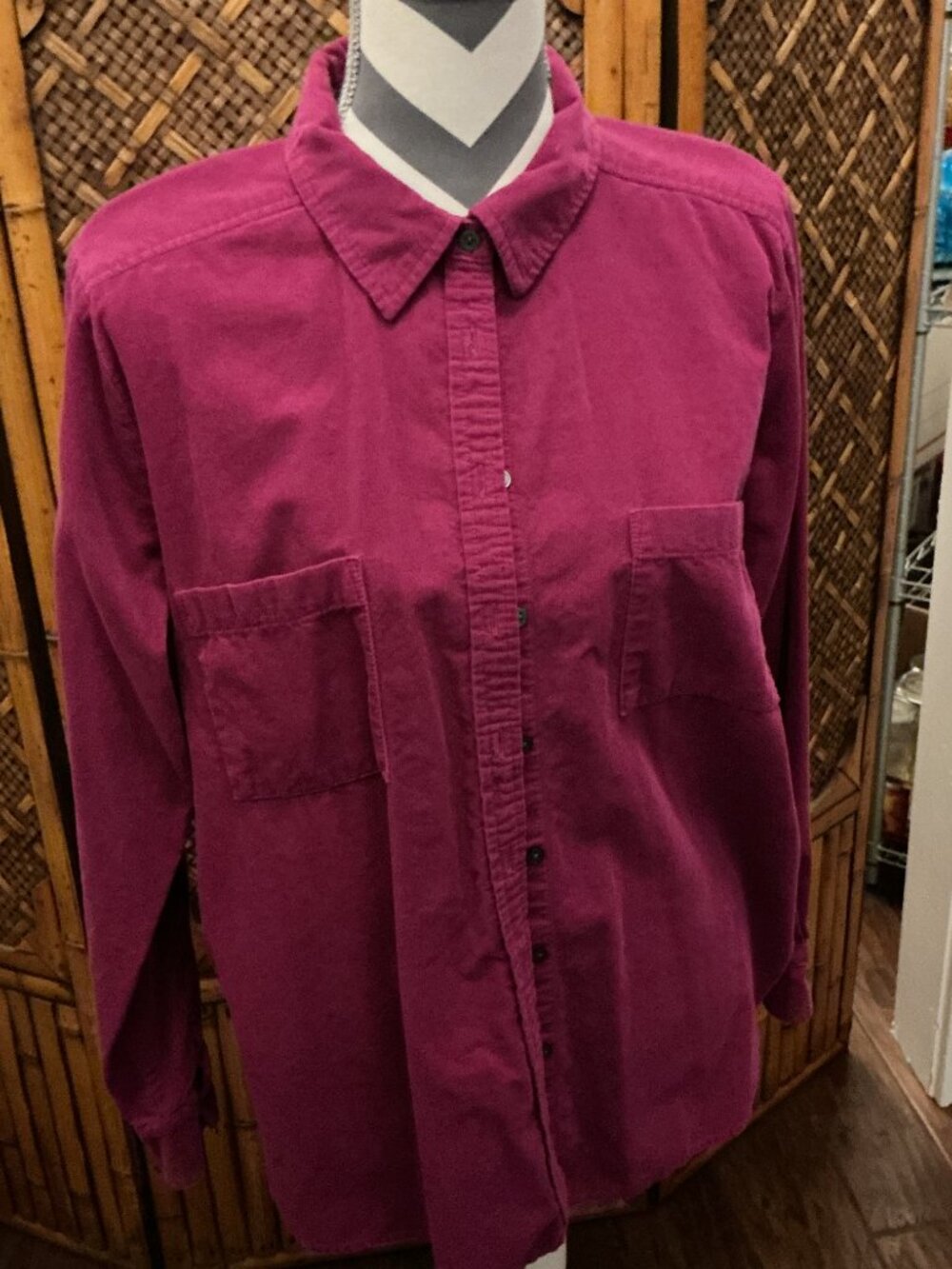 LOFT Large Magenta Corduroy Button Down Shirt Oversized Pocket